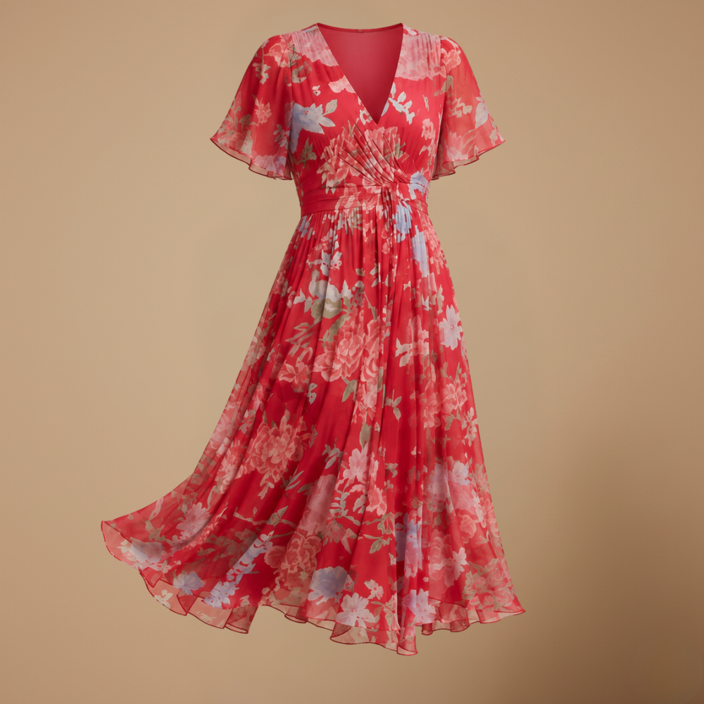 Floral Midi Dress Women Lightweight Stretch V Neck Empire Waist