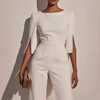 Yvaine | Women's Wide Leg Jumpsuit | Pearl Sleeve Detail, Relaxed Fit
