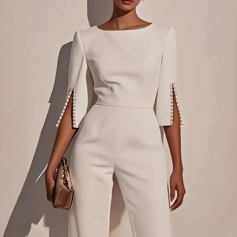 Yvaine | Women's Wide Leg Jumpsuit | Pearl Sleeve Detail, Relaxed Fit