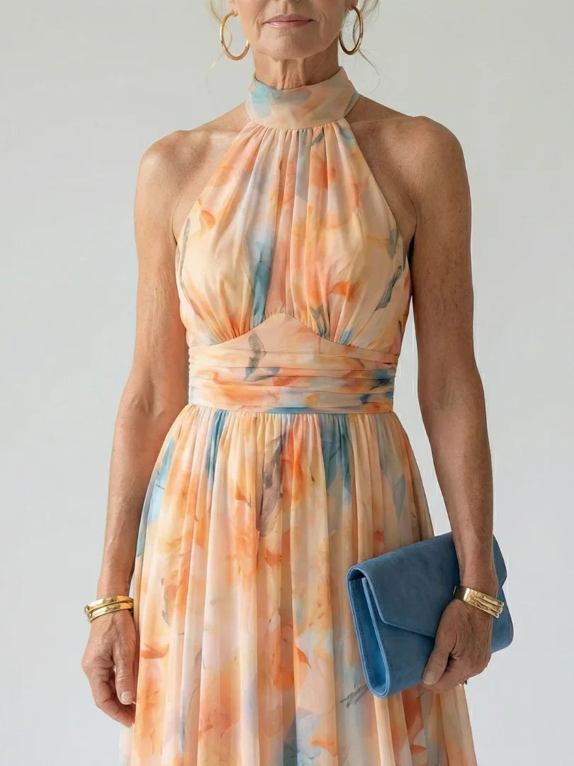 Women Halter Midi Dress Gathered Neckline