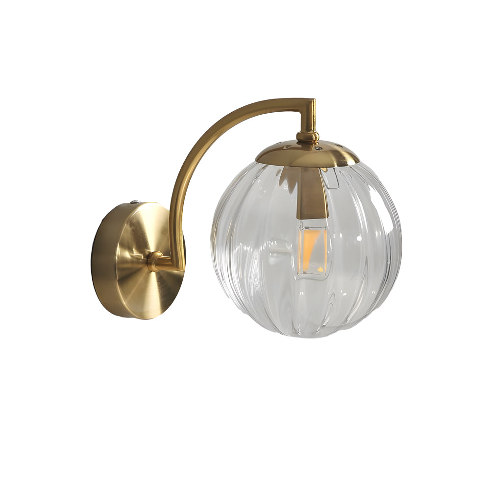 Luna | Wall Lamp | Curved Arm, Spherical Ribbed Glass Shade, 1-Light