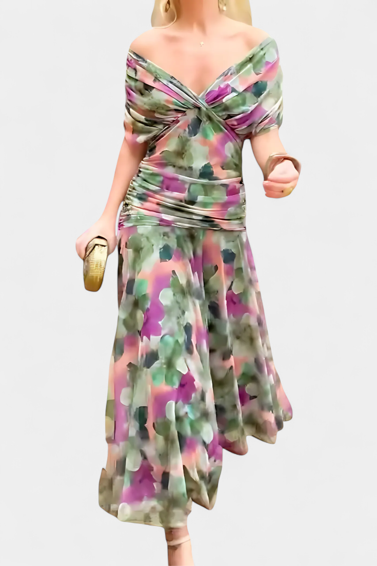 Ivy | Women's Floral Midi Dress | V-Neck, Pleated Waist