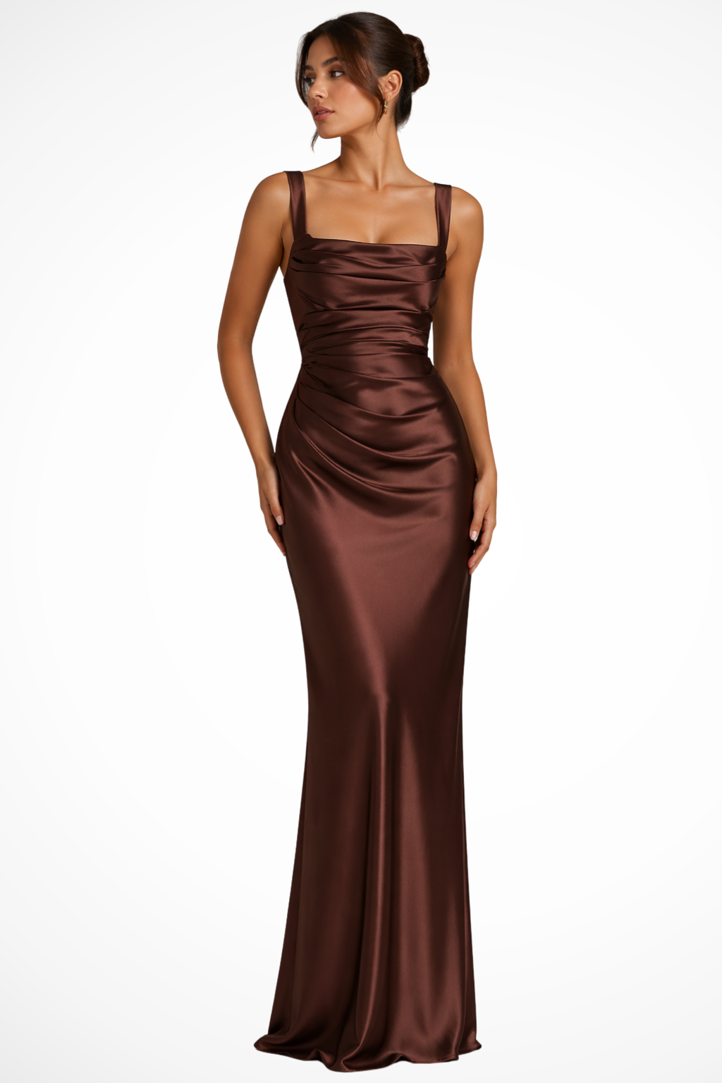 Birdie | Women's Satin Maxi Dress | Square Neck, Ruched, Wedding Guest