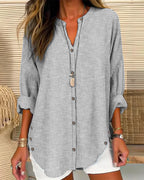 Women Loose Fit Long Sleeve Button-Up Blouse Striped V-Neck