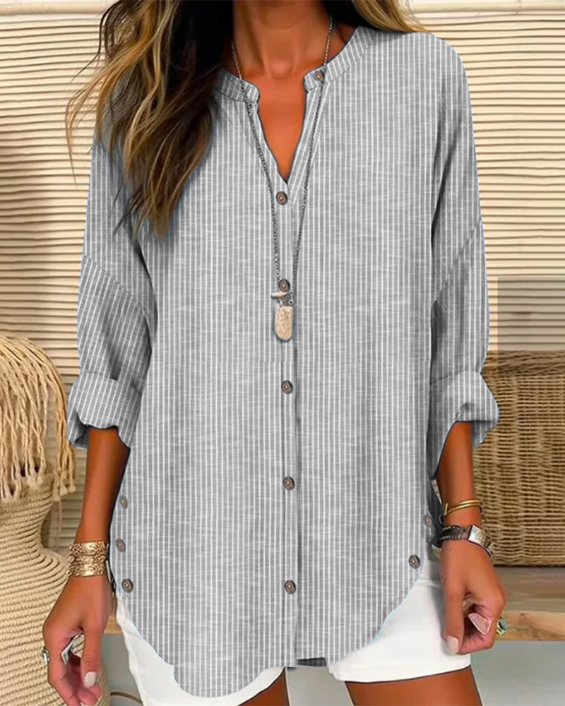 Women Loose Fit Long Sleeve Button-Up Blouse Striped V-Neck