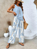 Women 2 Piece Sleeveless Top Wide Leg Printed Pants Set