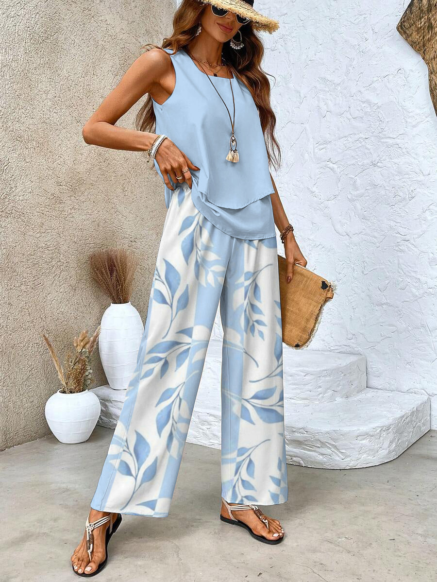 Women 2 Piece Sleeveless Top Wide Leg Printed Pants Set