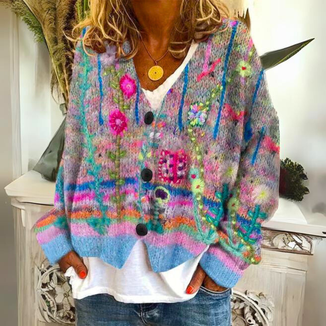 Marlow | Women's Boho Cardigan | Multicolor Floral Embroidery | Oversized Knit