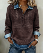 Women Half Button Collar Sweatshirt Textured Knit