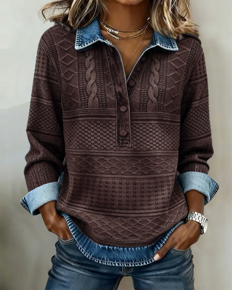 Women Half Button Collar Sweatshirt Textured Knit