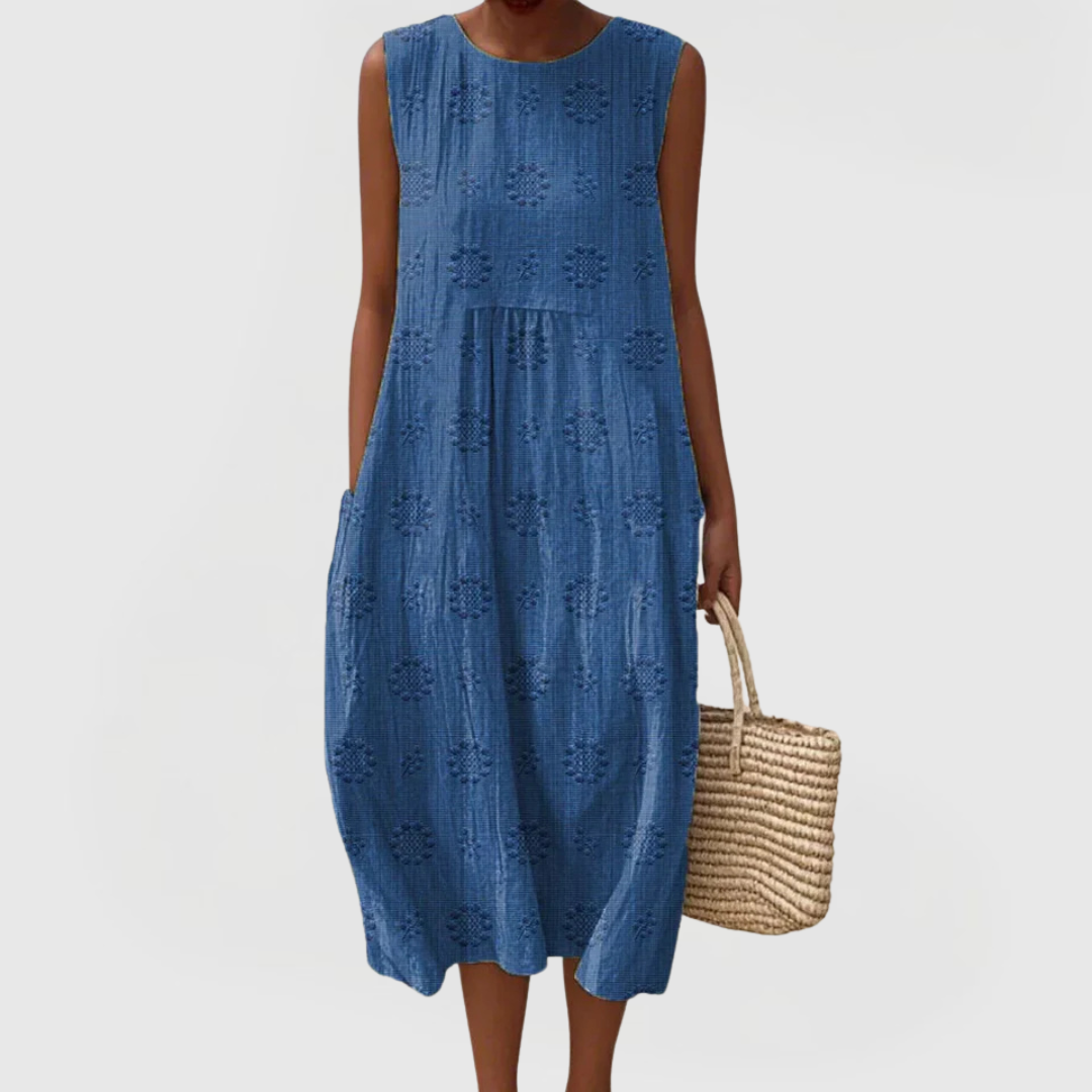 Floral Dress Women Sleeveless Midi Embroidered Side Pockets Summer