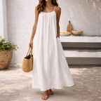 Linen Dress Women Sleeveless Long Maxi Cotton Blend Open Back