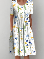 Women Pleated Floral Dress with Pockets