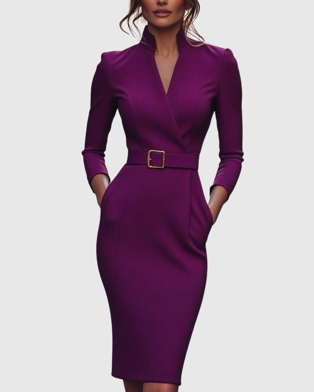 Midi Dress Women Fitted Pencil Wrap Neckline Three Quarter Sleeve