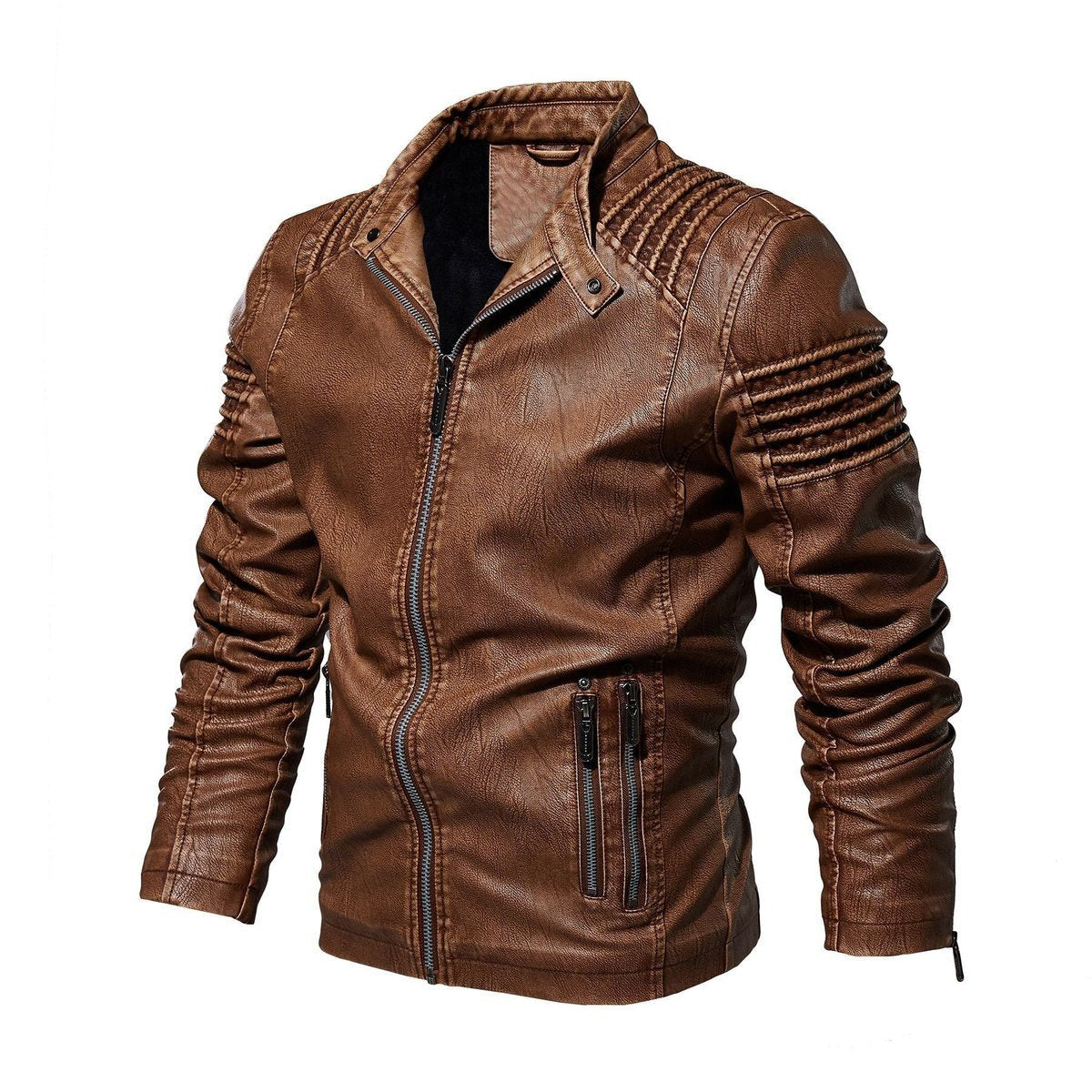 Quinn | Men's Faux Leather Jacket | Biker Style, Ribbed Sleeves | Fleece Lined