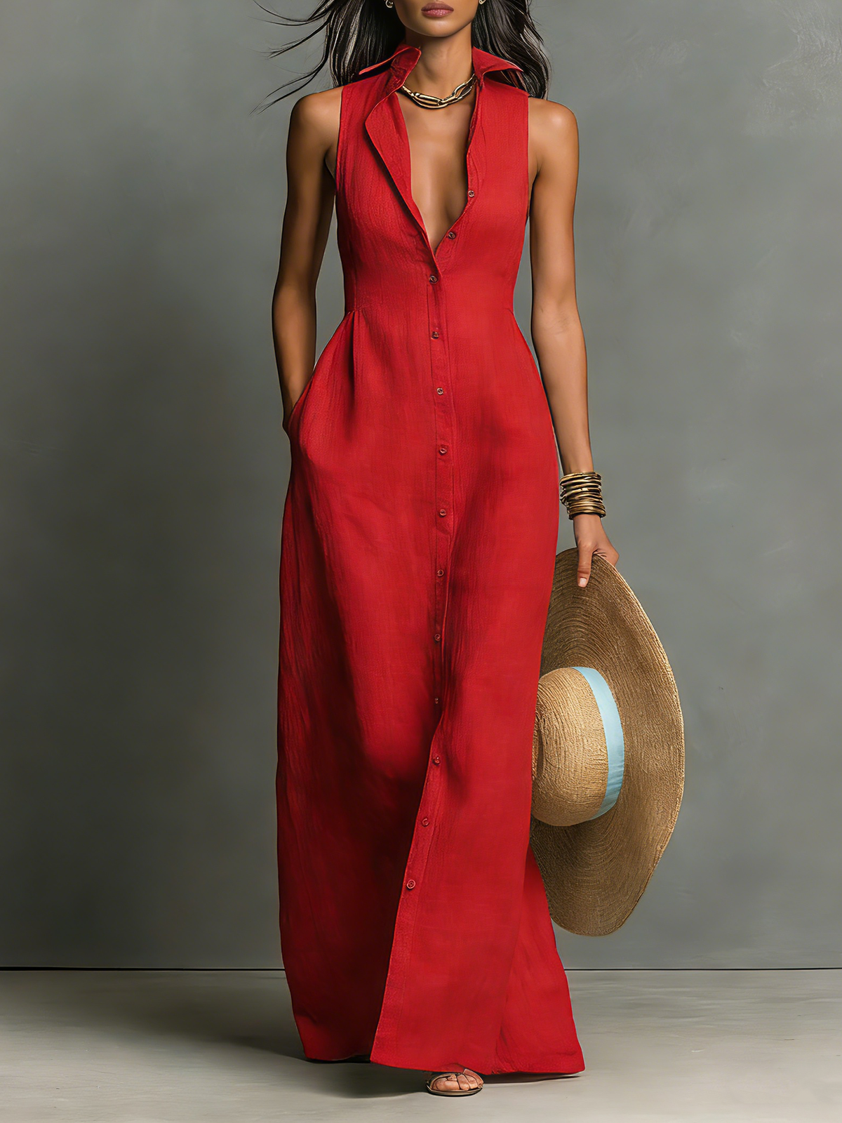 Shirt Dress Women Linen Blend Sleeveless Maxi Collared | Perla
