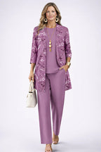 Women 3 piece cardigan top printed trousers set in relaxed fit