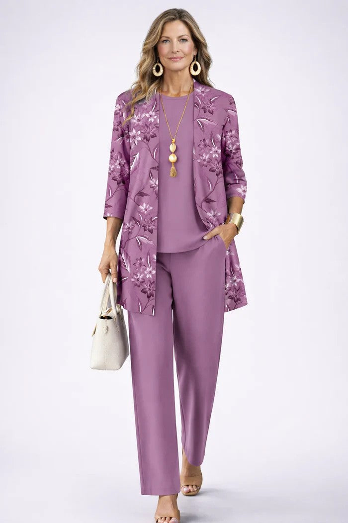 Women 3 piece cardigan top printed trousers set in relaxed fit