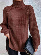 Women Ribbed Knit Turtleneck Sweater Side Slit
