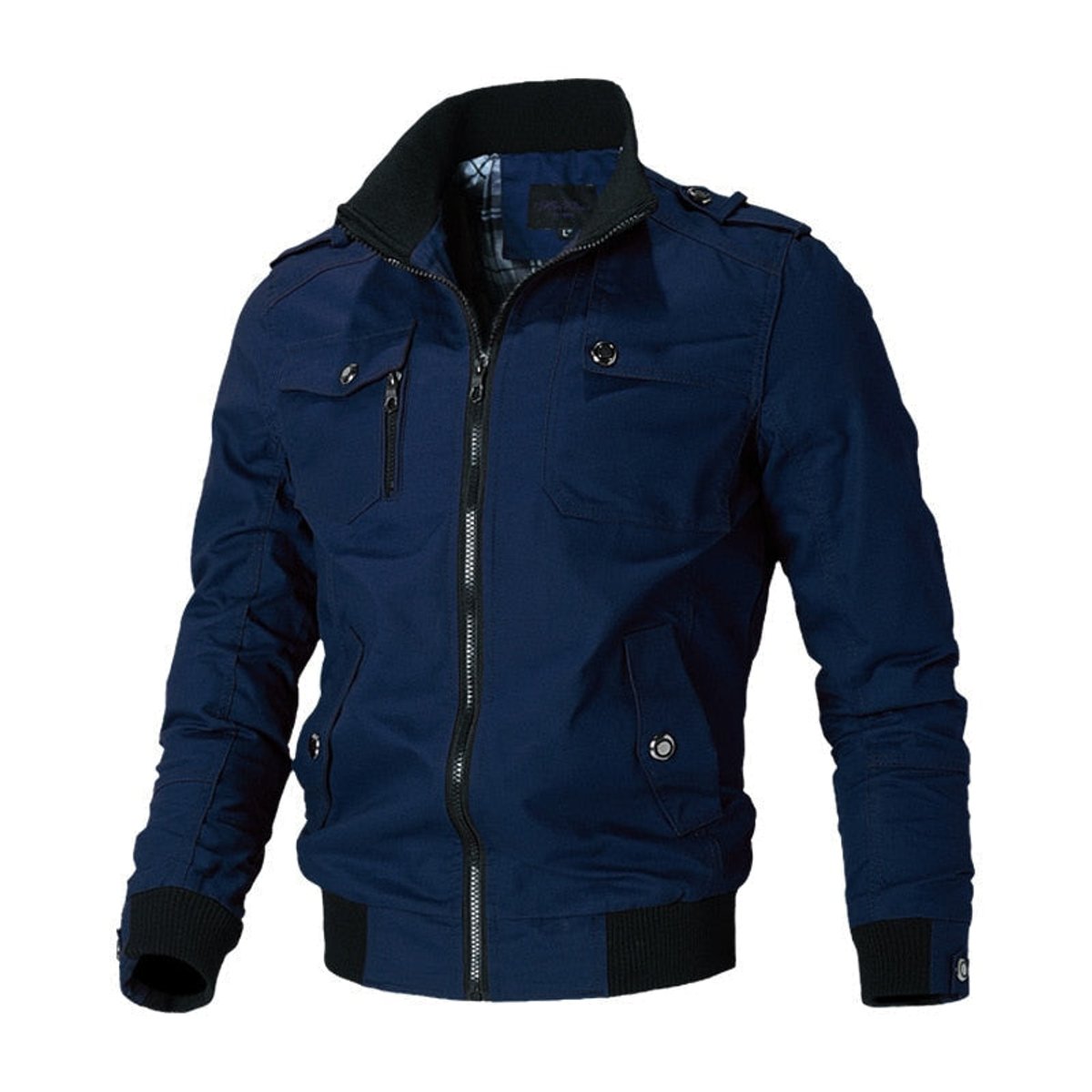 Men cotton blend military bomber jacket with shoulder epaulettes and zip pockets