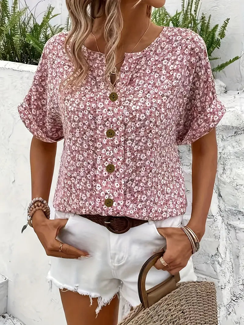 Women Blouse Short Sleeve Button Front Printed Loose Fit | Una