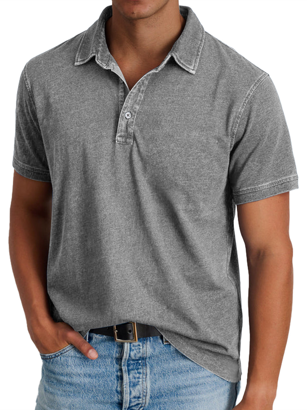 Polo Shirt Men Button Placket Collar Relaxed Fit Lightly Faded