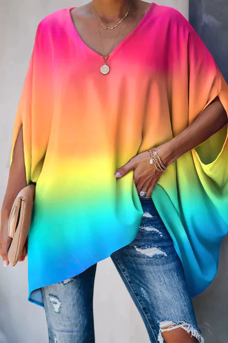 Women Oversized Tunic Top Batwing Sleeves V Neck