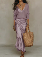 Satin Dress Midi Women Fitted Two Piece Set Knit Sweater Included
