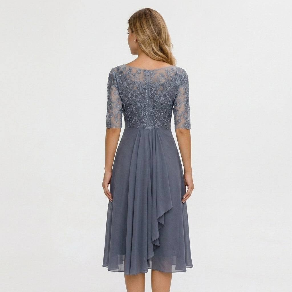 Midi Dress Women Lace Top Tulle Skirt Formal Three Quarter Sleeve
