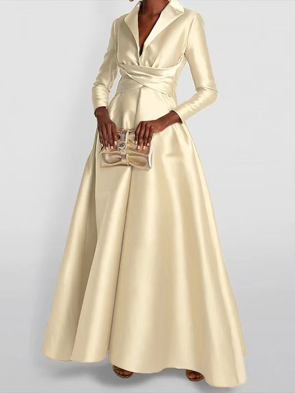 Lena | Maxi Dress | A-Line, High Waist, V-Neck, Long Sleeve | Pleated