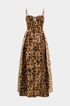 Women Leopard Print Midi Dress Corset Bodice