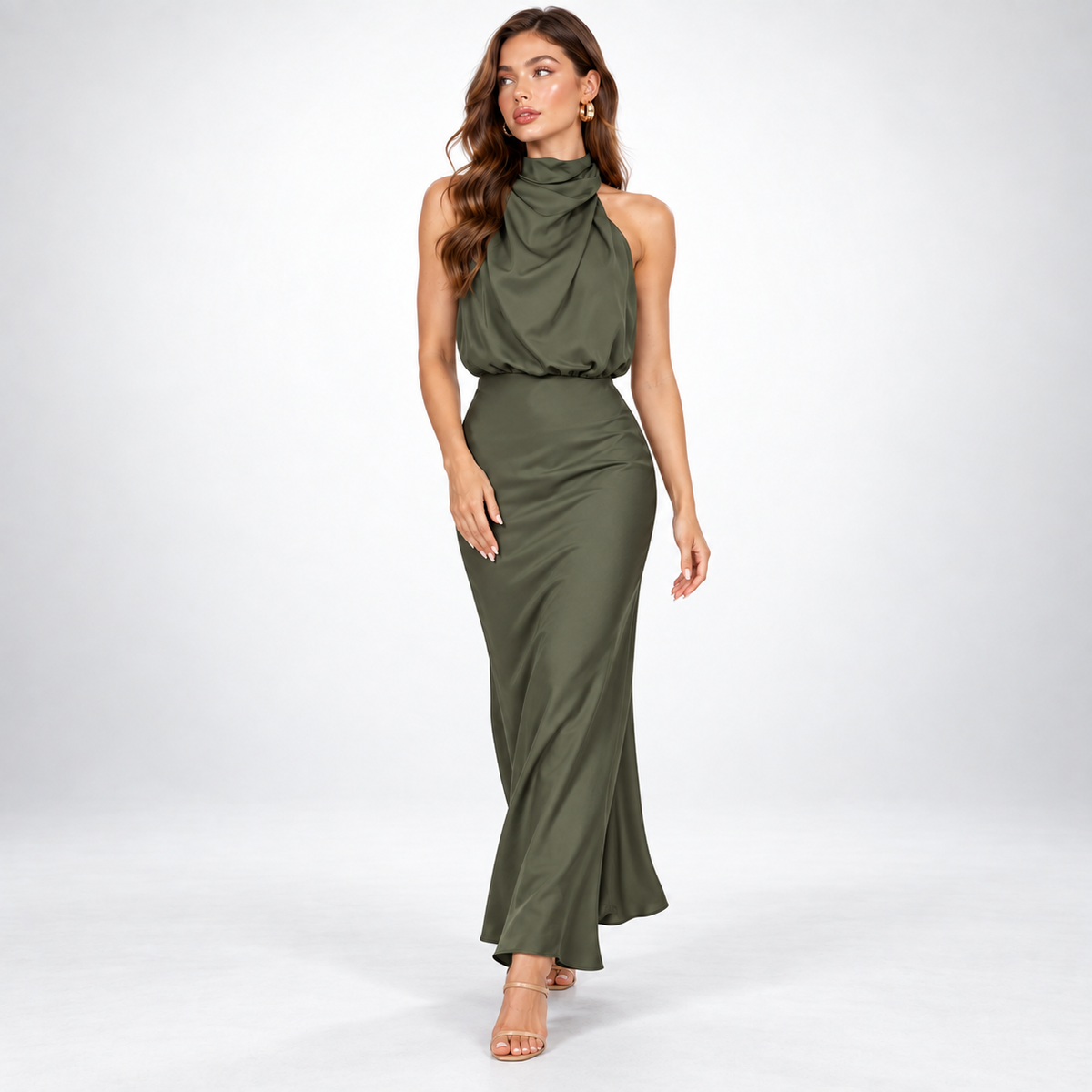 Satin Dress Women Midi Asymmetric Neckline Lightweight