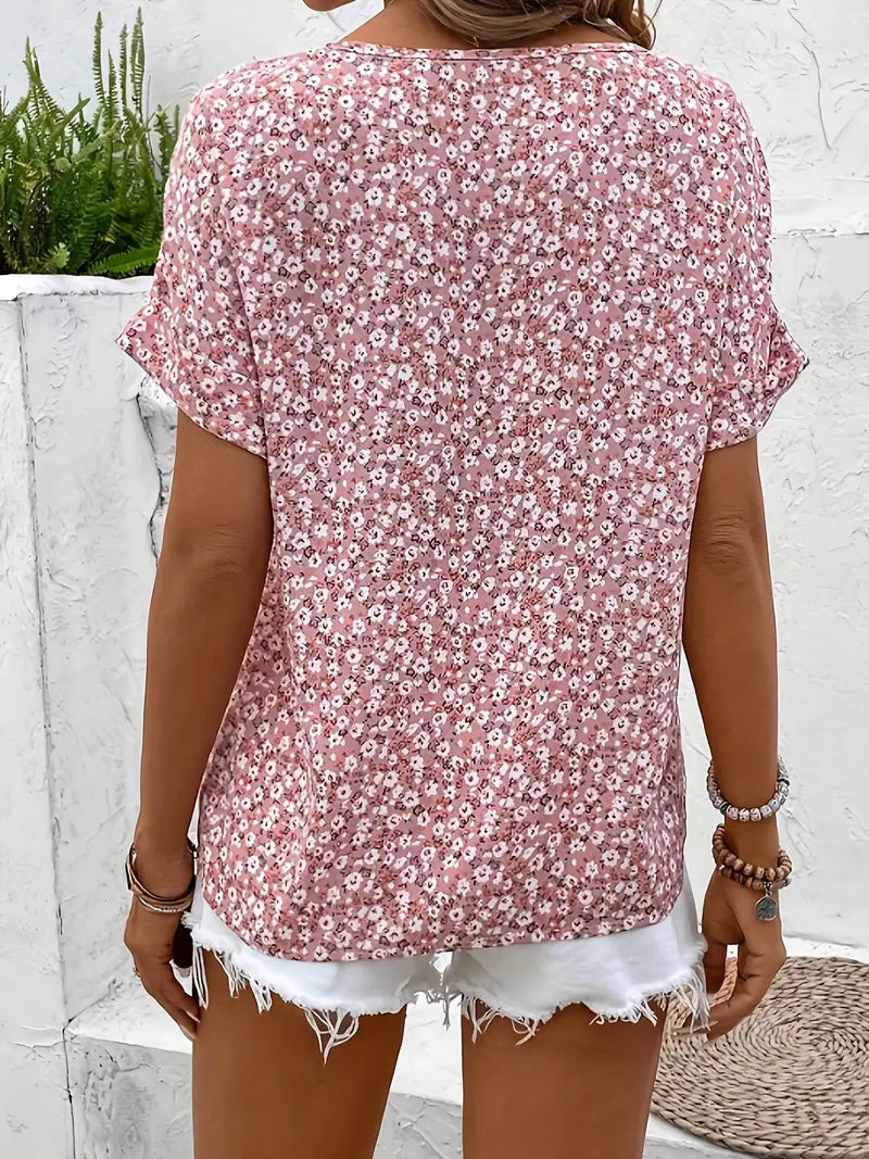 Women Blouse Short Sleeve Button Front Printed Loose Fit | Una