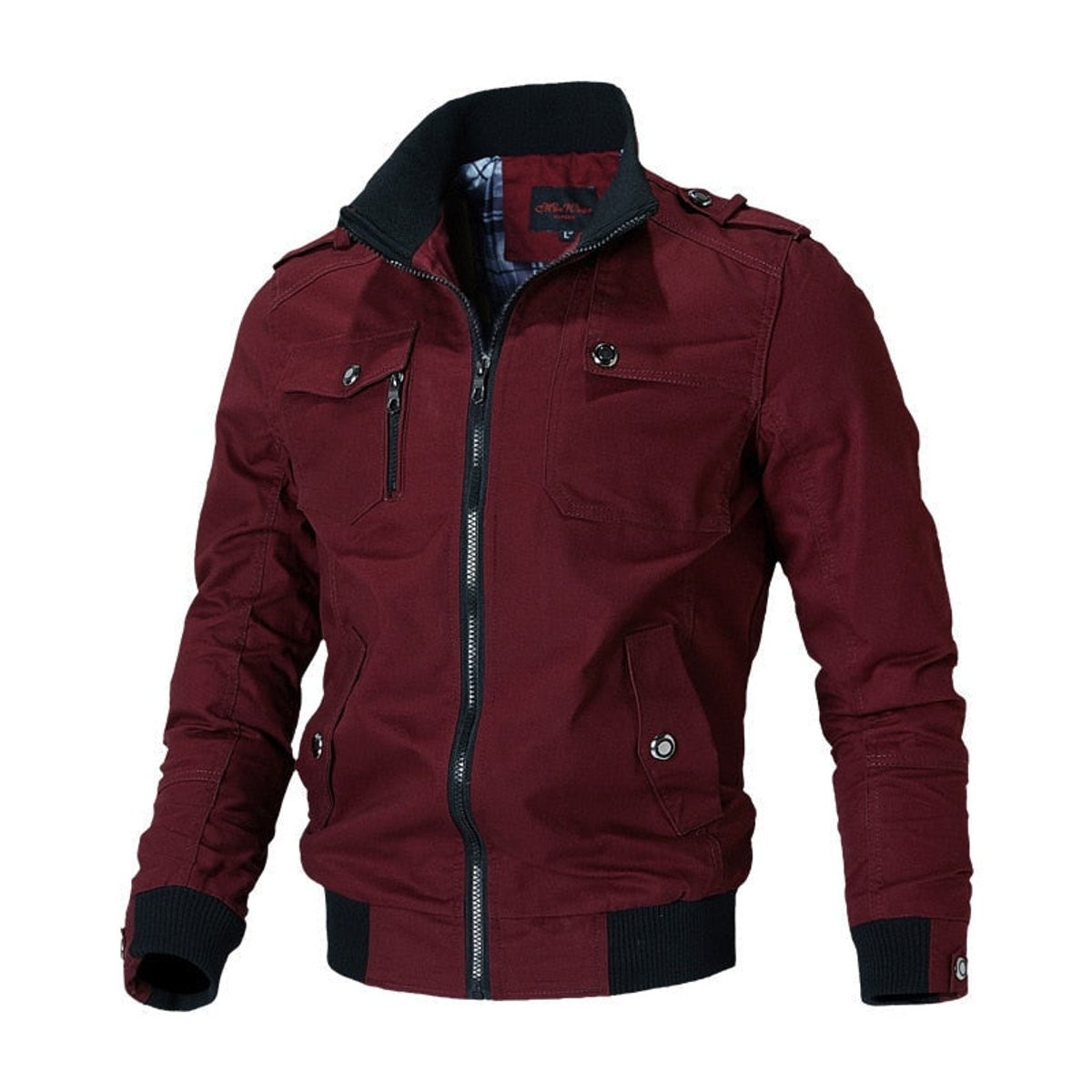 Men cotton blend military bomber jacket with shoulder epaulettes and zip pockets