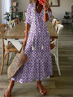Boho Dress Women Ikat Print Ruffled V Neck Flowy Fit Lightweight