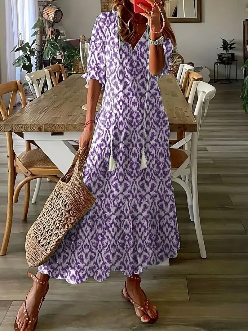 Boho Dress Women Ikat Print Ruffled V Neck Flowy Fit Lightweight
