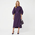 Midi Dress Women Belted Flared A Line Three Quarter Sleeve High Neck