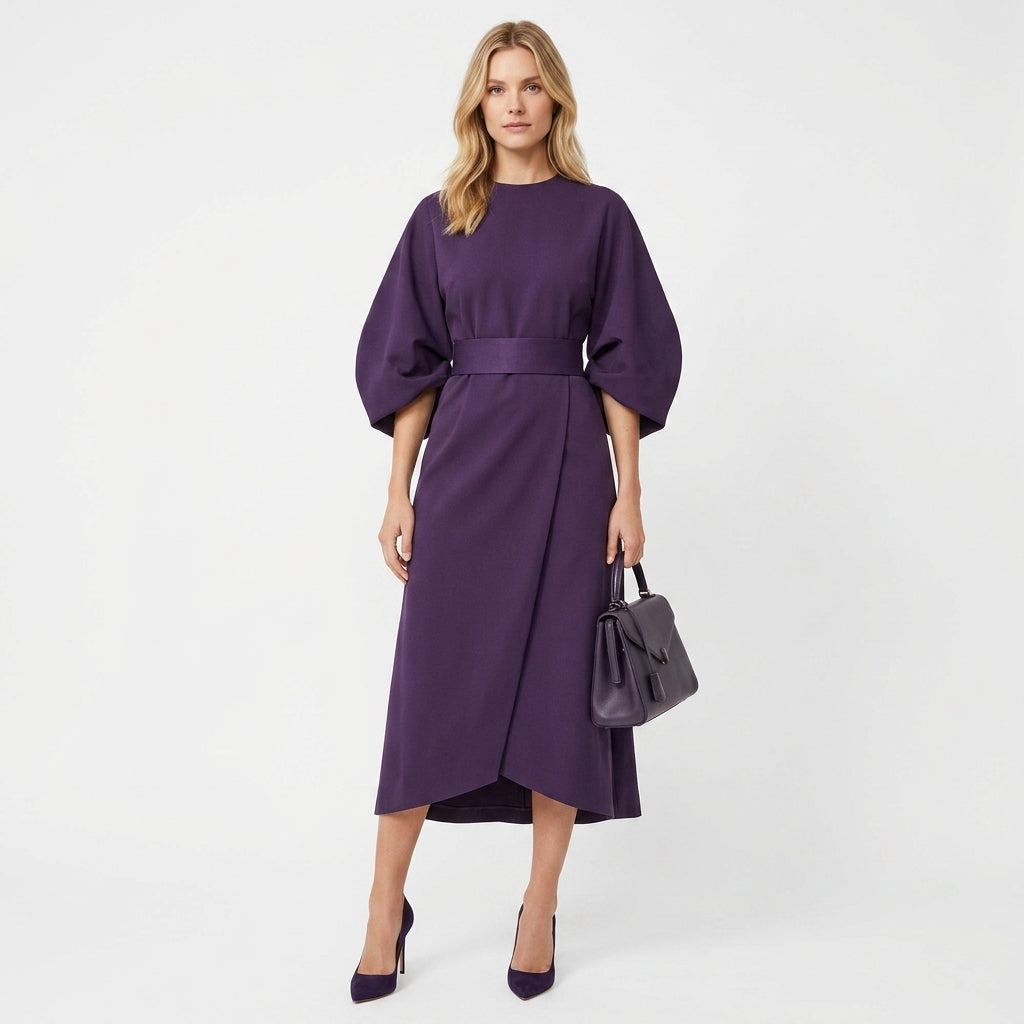 Midi Dress Women Belted Flared A Line Three Quarter Sleeve High Neck
