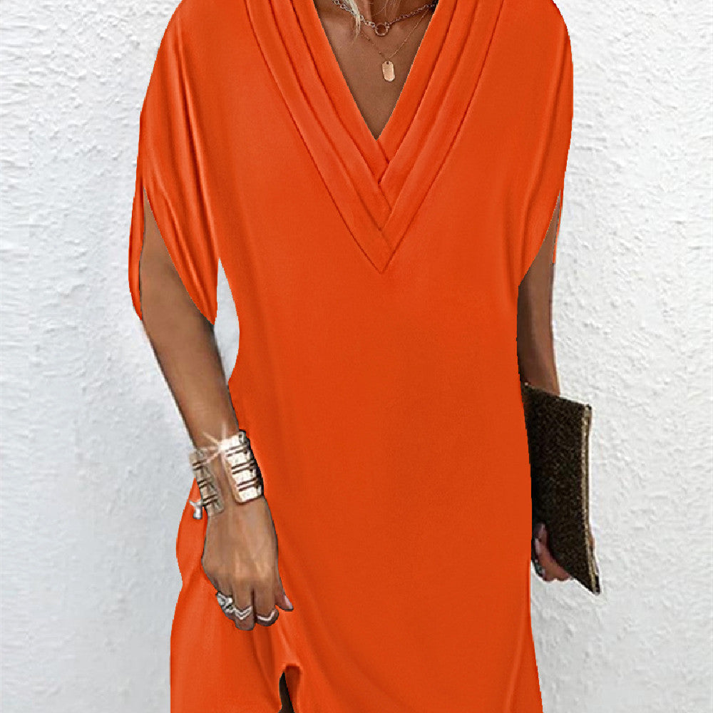 Summer Dress Women Solid V Neck Split Sleeve Loose Fit Casual