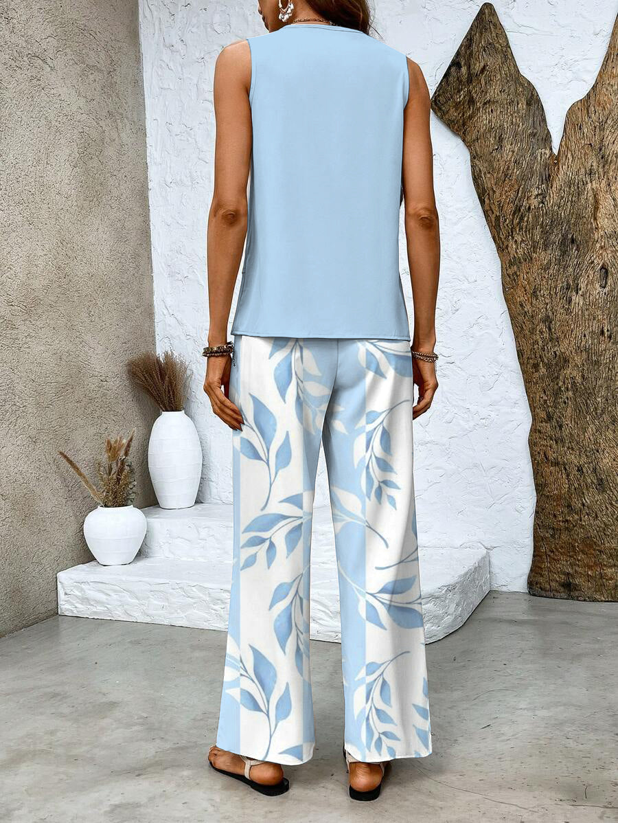 Women 2 Piece Sleeveless Top Wide Leg Printed Pants Set