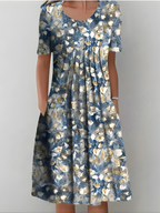 Women Pleated Floral Dress with Pockets
