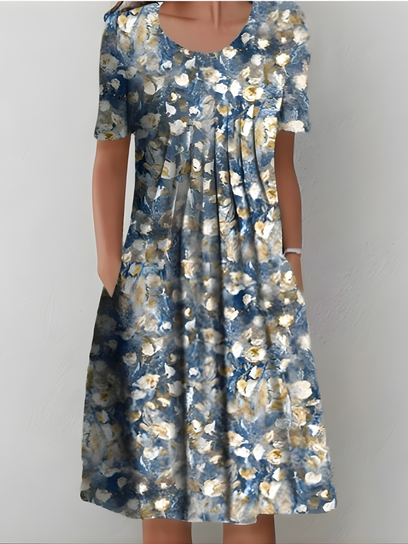 Women Pleated Floral Dress with Pockets