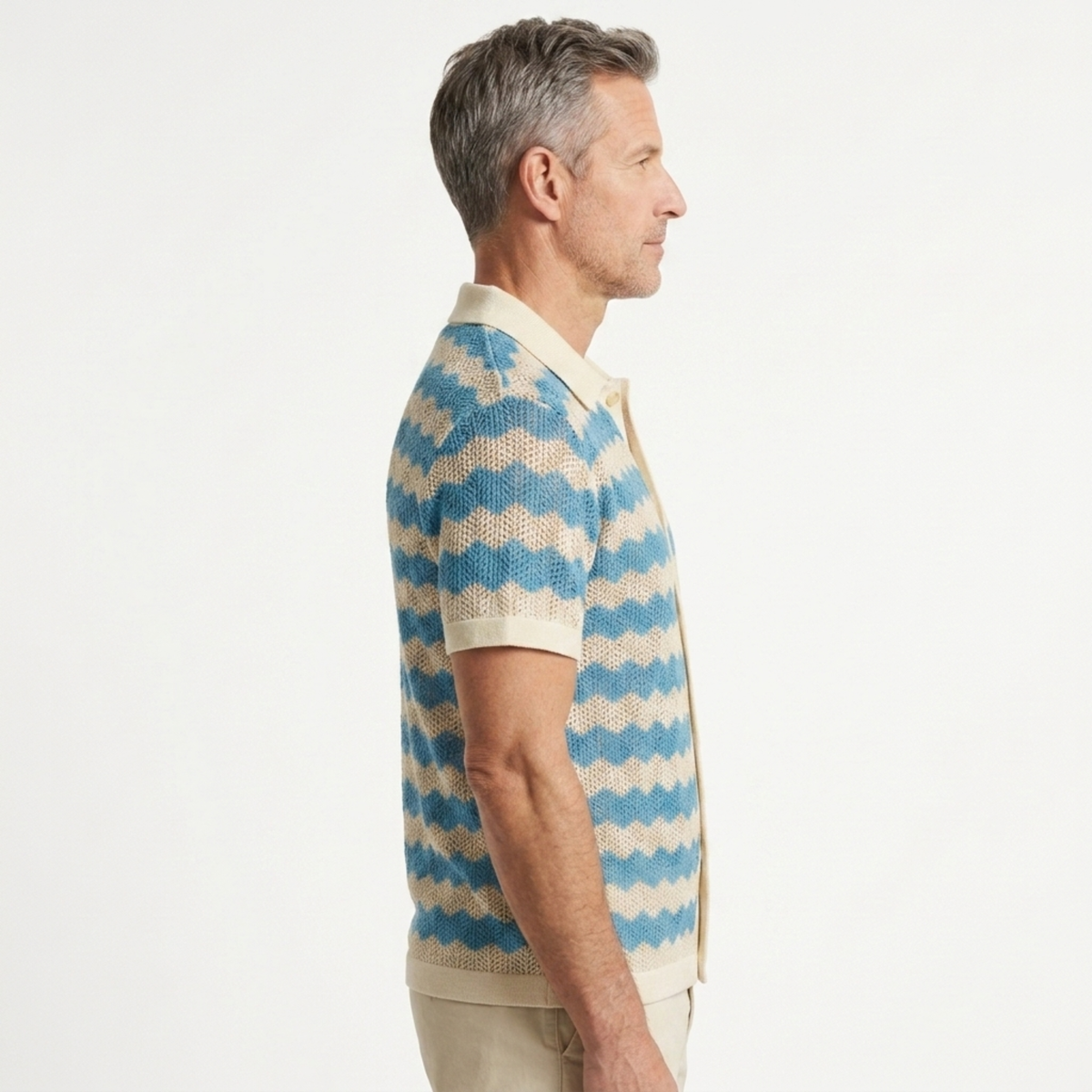 Resort Wear Men Knit Polo Shirt Vertical Stripes Camp Collar | Aria