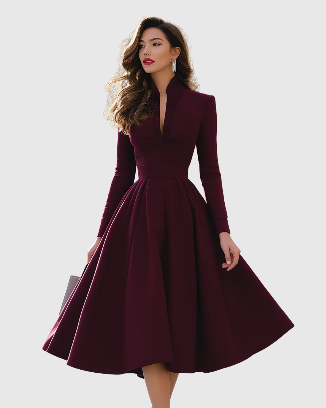 Midi Dress Women Fit Flare V Neck Pleated Skirt Structured Bodice Wine Red