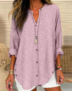 Women Loose Fit Long Sleeve Button-Up Blouse Striped V-Neck