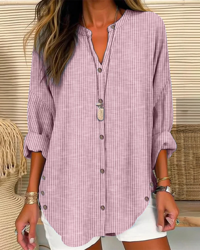 Women Loose Fit Long Sleeve Button-Up Blouse Striped V-Neck