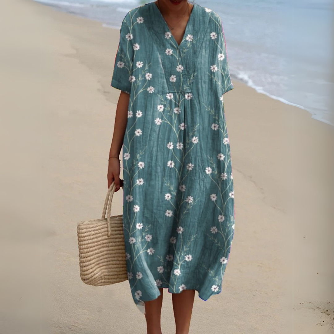 Summer Dress Women V Neck Cotton Linen Blend Floral Print Lightweight