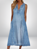 Sabine | Women's Denim Dress | Sleeveless A-Line, V-Neck | Casual Summer