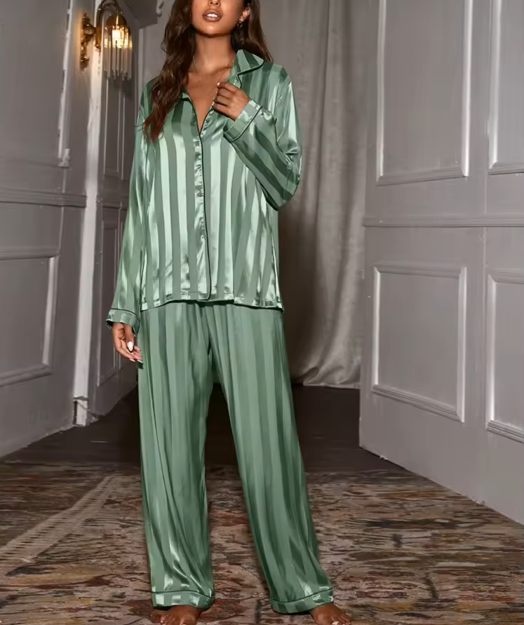 Satin Pajamas Women 2 Piece Striped Long Sleeve Button Up Set