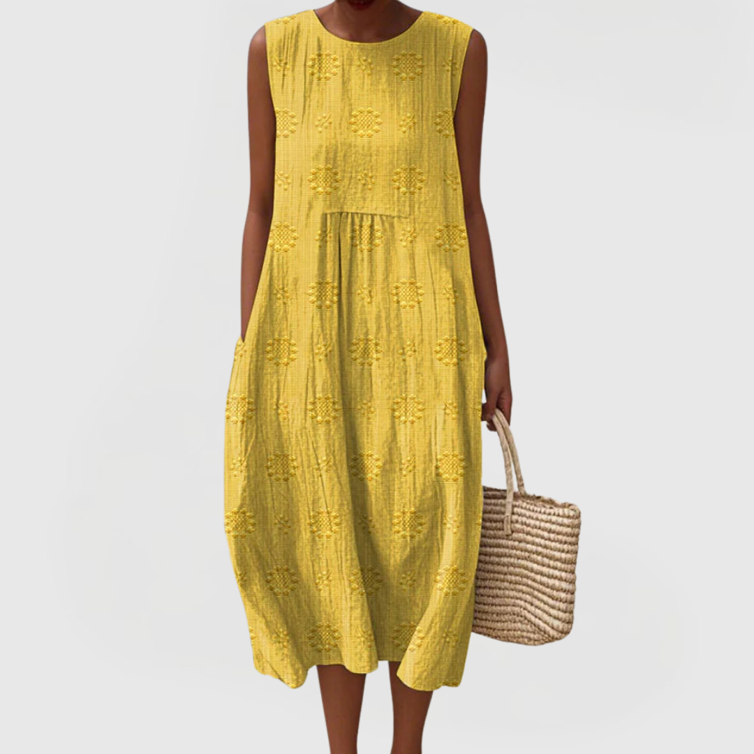 Floral Dress Women Sleeveless Midi Embroidered Side Pockets Summer